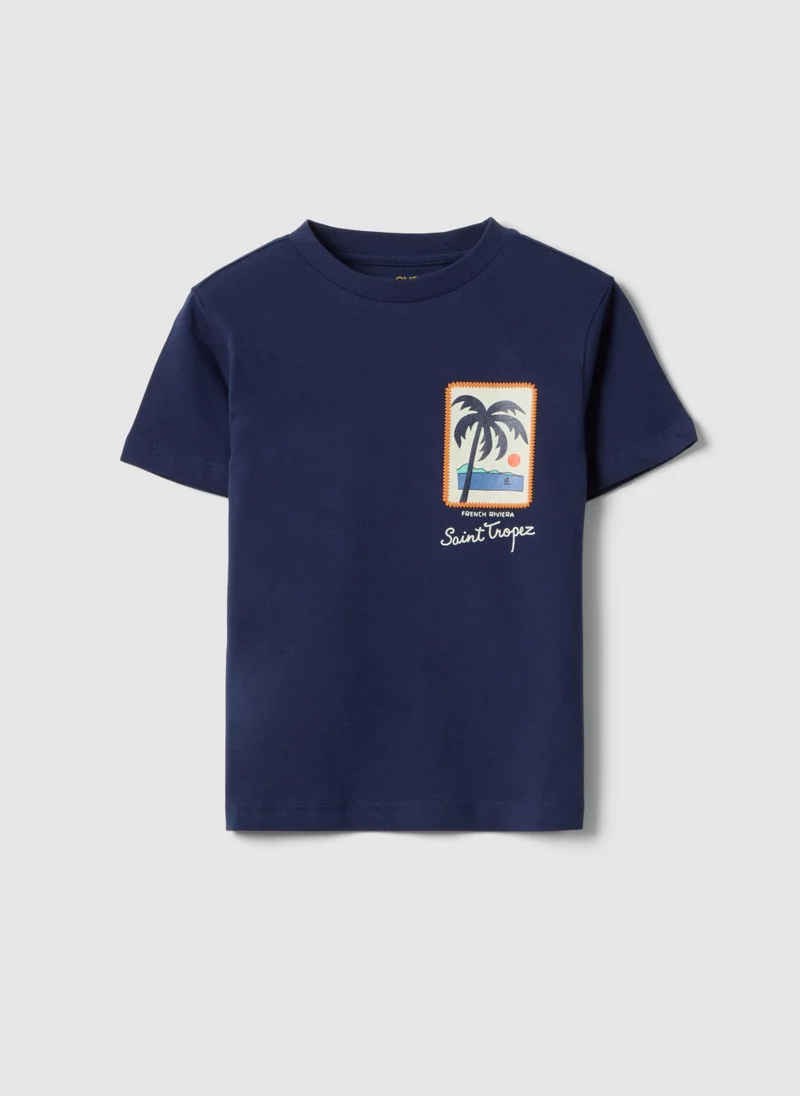 Ovs OVS Boys' Regular Fit Blue Pure Cotton T-Shirt With Palm Print
