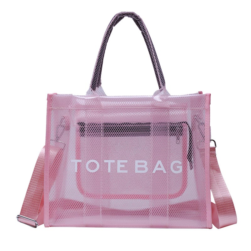 WREWING Clear Tote Bag for Women, Large Mesh Beach Bag, PVC Clear Crossbody Bags with Zipper, Stadium Bag for Travel Sports (Pink) - Image 1
