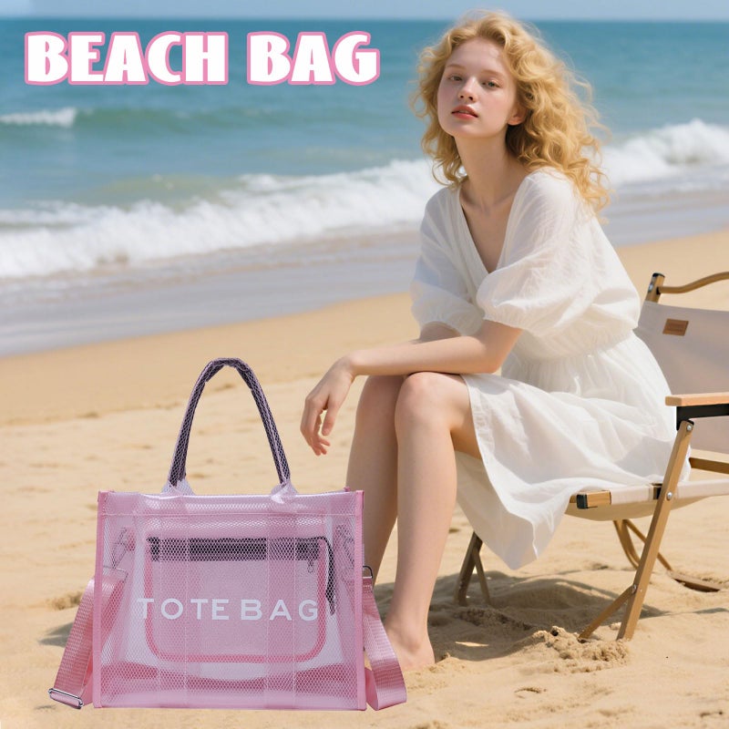 WREWING Clear Tote Bag for Women, Large Mesh Beach Bag, PVC Clear Crossbody Bags with Zipper, Stadium Bag for Travel Sports (Pink) - Image 2