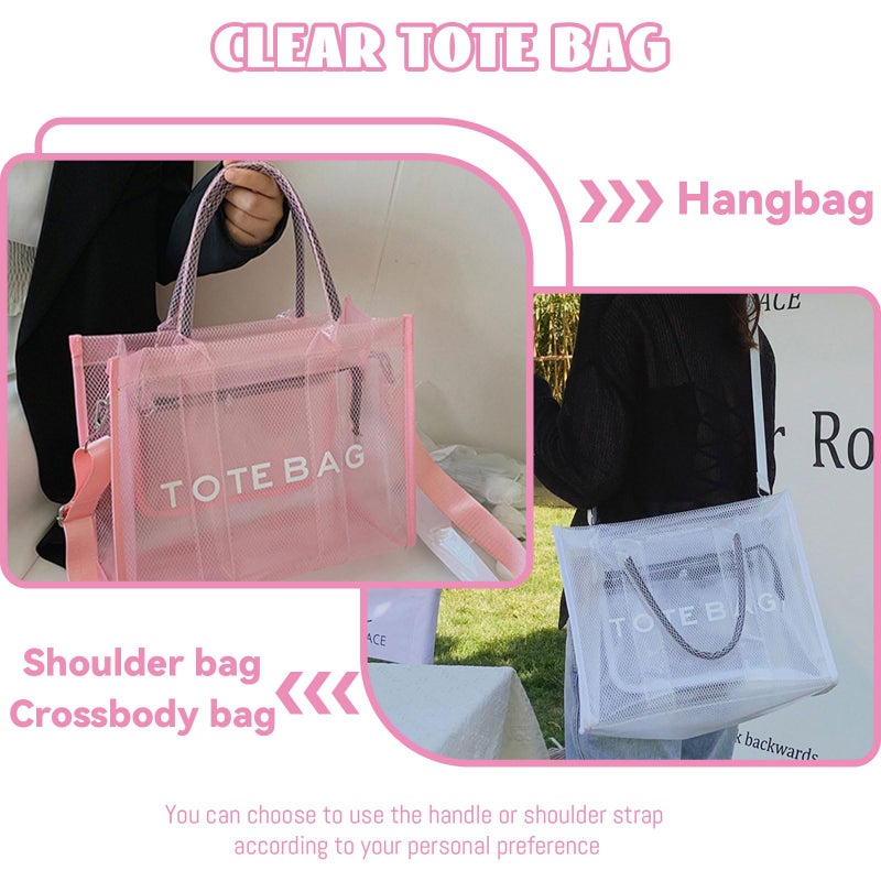 WREWING Clear Tote Bag for Women, Large Mesh Beach Bag, PVC Clear Crossbody Bags with Zipper, Stadium Bag for Travel Sports (Pink) - Image 5