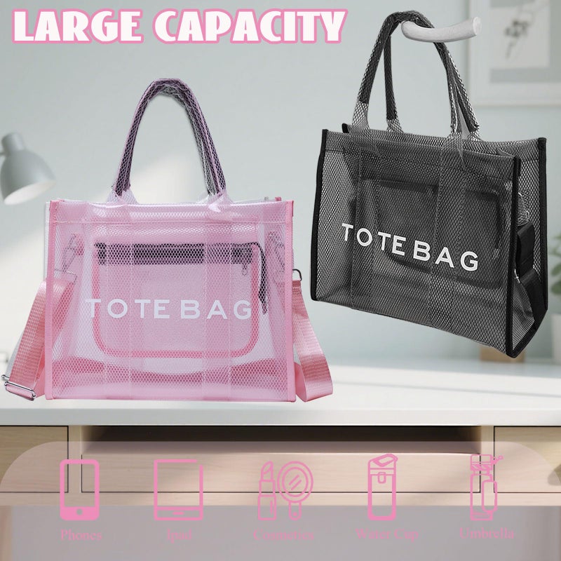 WREWING Clear Tote Bag for Women, Large Mesh Beach Bag, PVC Clear Crossbody Bags with Zipper, Stadium Bag for Travel Sports (Pink) - Image 3