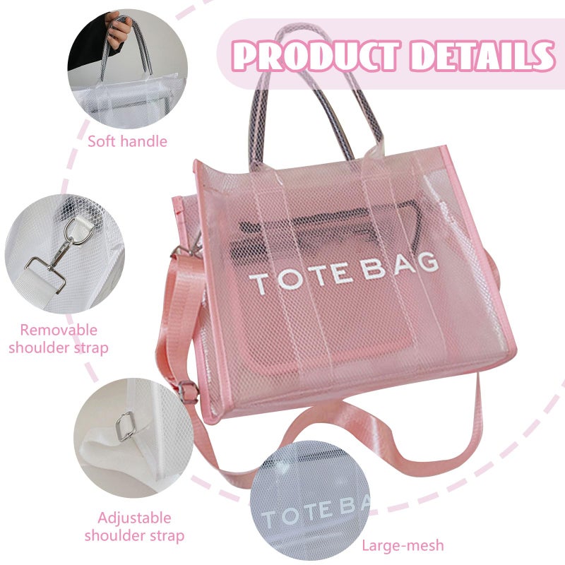 WREWING Clear Tote Bag for Women, Large Mesh Beach Bag, PVC Clear Crossbody Bags with Zipper, Stadium Bag for Travel Sports (Pink) - Image 4