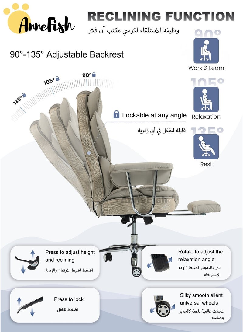 AnneFish Ergonomic Office Chair with Footrest Large Executive Cloud Swivel Desk Chair High Back Height Adjustable Reclining Chair Home Office Comfortable Cat-Scratch-Resistant Leather Computer Gaming Chair Spring Seat Silent Wheels - Image 3