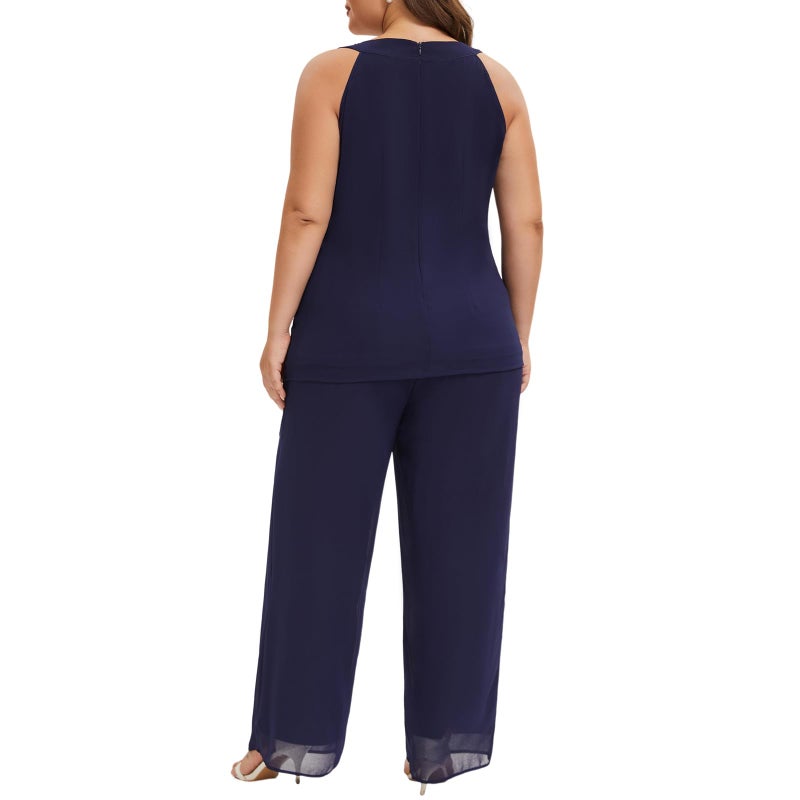 WTJIAPAI Plus Size Mother of Bride Pant Suits 3 Piece Chiffon Sets Hand Sewn Diamonds Wedding Guest Outfit Blue - Image 5