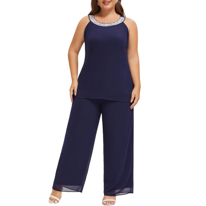 WTJIAPAI Plus Size Mother of Bride Pant Suits 3 Piece Chiffon Sets Hand Sewn Diamonds Wedding Guest Outfit Blue - Image 3