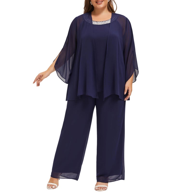 WTJIAPAI Plus Size Mother of Bride Pant Suits 3 Piece Chiffon Sets Hand Sewn Diamonds Wedding Guest Outfit Blue - Image 1