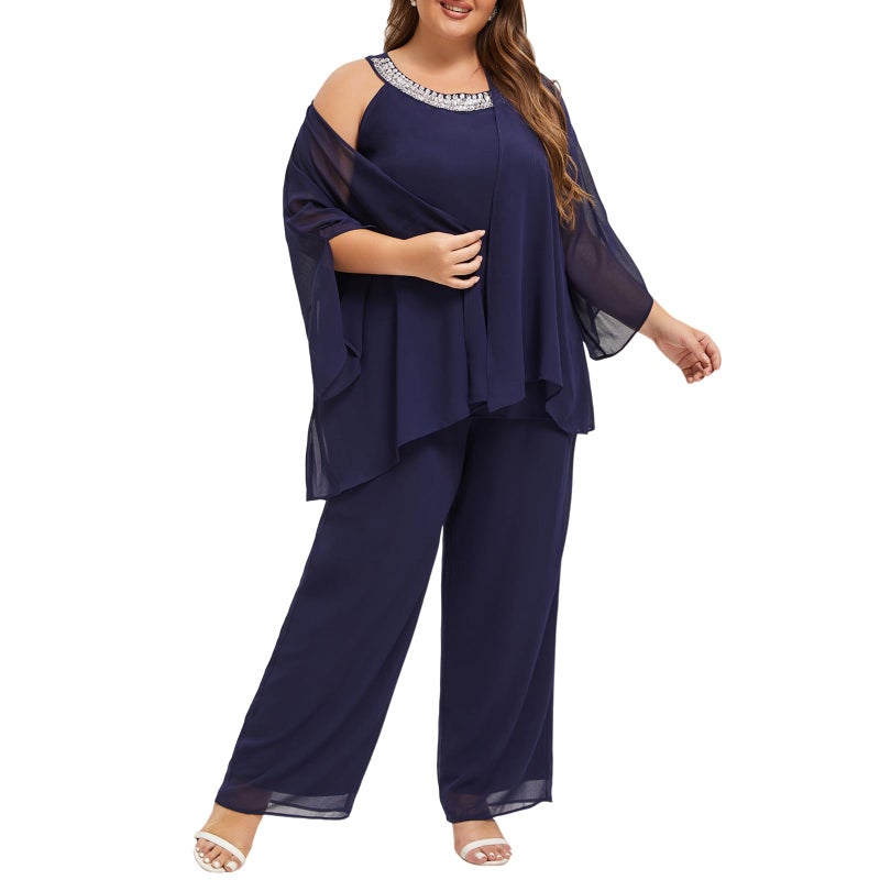 WTJIAPAI Plus Size Mother of Bride Pant Suits 3 Piece Chiffon Sets Hand Sewn Diamonds Wedding Guest Outfit Blue - Image 2