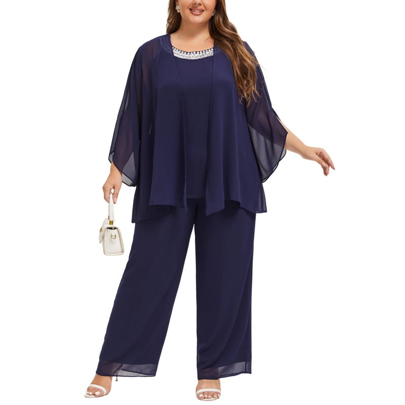 WTJIAPAI Plus Size Mother of Bride Pant Suits 3 Piece Chiffon Sets Hand Sewn Diamonds Wedding Guest Outfit Blue - Image 4