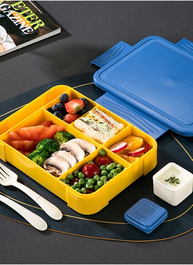 Occuwzz Lunch Box - A Lunch Box for Adults and Children, Featuring 4 Compartments with Fork, Spoon and Sauce Container. Microwavable, Ideal for Work, School, and Picnics. 23x17x4.8cm (Blue and Yellow)  - Image 1