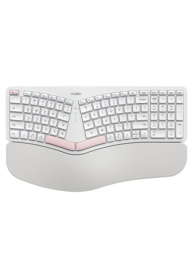 Nulea Wireless Ergonomic Keyboard, Split Keyboard with Cushioned Wrist Rest, Bluetooth and USB Connectivity, USB-C Rechargeable, Compatible with Windows Mac White Pink - Image 1