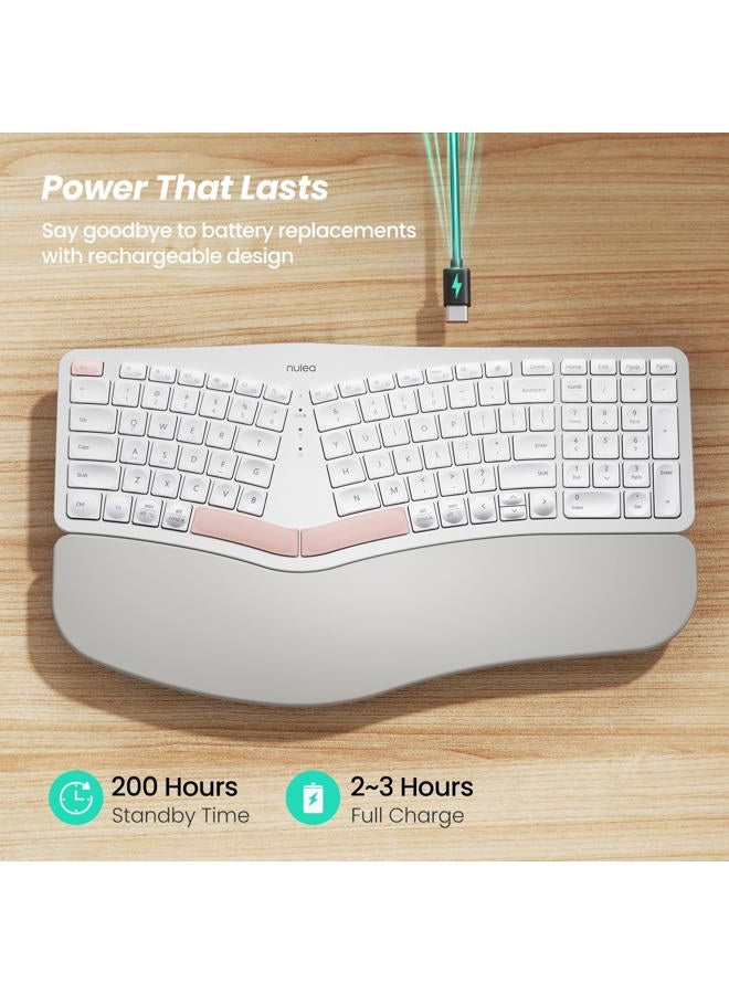 Nulea Wireless Ergonomic Keyboard, Split Keyboard with Cushioned Wrist Rest, Bluetooth and USB Connectivity, USB-C Rechargeable, Compatible with Windows Mac White Pink - Image 3