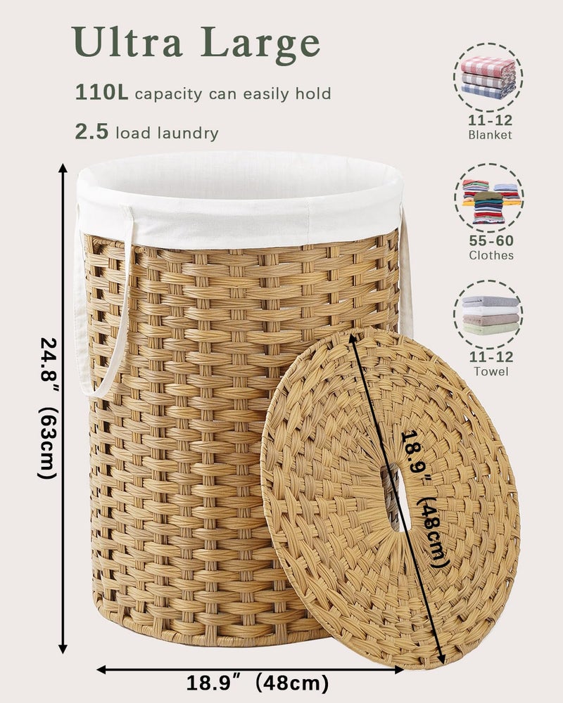 SETVSON Laundry Basket with Lid Round Rattan Laundry Hamper with Lid and Handles 29.1 Gal (110 L) Handwoven Woven Basket with Removable Bags and 2 Mesh Bags for Bathroom Living Room Natural - Image 4