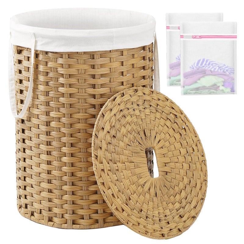SETVSON Laundry Basket with Lid Round Rattan Laundry Hamper with Lid and Handles 29.1 Gal (110 L) Handwoven Woven Basket with Removable Bags and 2 Mesh Bags for Bathroom Living Room Natural - Image 1