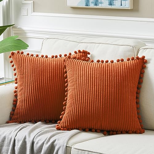 Fancy Homi Pack of 2 Burnt Orange Decorative Throw Pillow Covers 18x18 Inch with Pom-poms for Couch Bed Living Room Bedroom, Soft Corduroy Solid Square Cushion Case 45x45 cm, Boho Fall Home Decor - Image 1