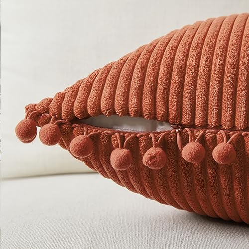 Fancy Homi Pack of 2 Burnt Orange Decorative Throw Pillow Covers 18x18 Inch with Pom-poms for Couch Bed Living Room Bedroom, Soft Corduroy Solid Square Cushion Case 45x45 cm, Boho Fall Home Decor - Image 3