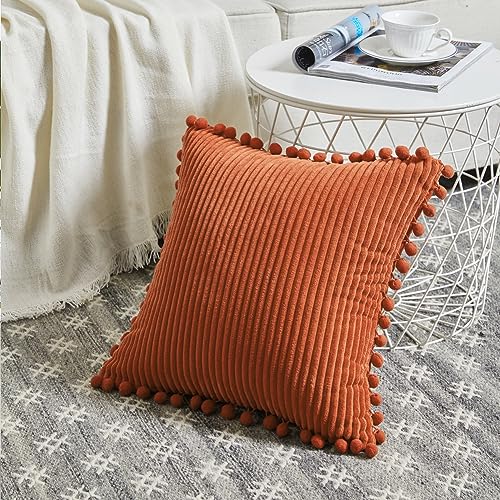 Fancy Homi Pack of 2 Burnt Orange Decorative Throw Pillow Covers 18x18 Inch with Pom-poms for Couch Bed Living Room Bedroom, Soft Corduroy Solid Square Cushion Case 45x45 cm, Boho Fall Home Decor - Image 2