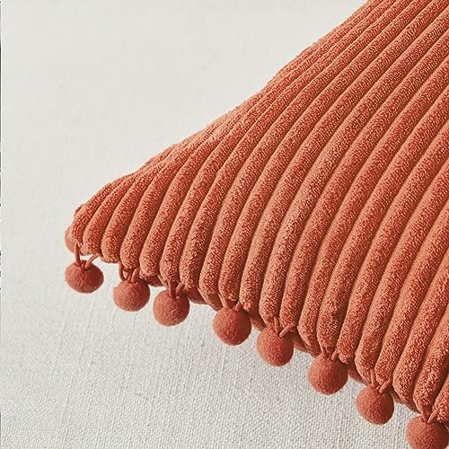 Fancy Homi Pack of 2 Burnt Orange Decorative Throw Pillow Covers 18x18 Inch with Pom-poms for Couch Bed Living Room Bedroom, Soft Corduroy Solid Square Cushion Case 45x45 cm, Boho Fall Home Decor - Image 4