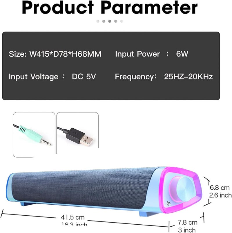 USB - Computer Speaker, RGB Computer Sound Bar Desktop Speaker, 3D Stereo Surround Sound Box with Volume Knob 3.5mm Audio Input for Desktop PC Laptop Smartphone Tablet - Image 3