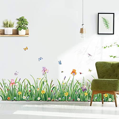 decalmile Green Grass Flower Wall Corner Decals Floral Butterfly Baseboard Skirting Line Wall Stickers Bedroom Living Room Wall Art Decor Width162CM - Image 1