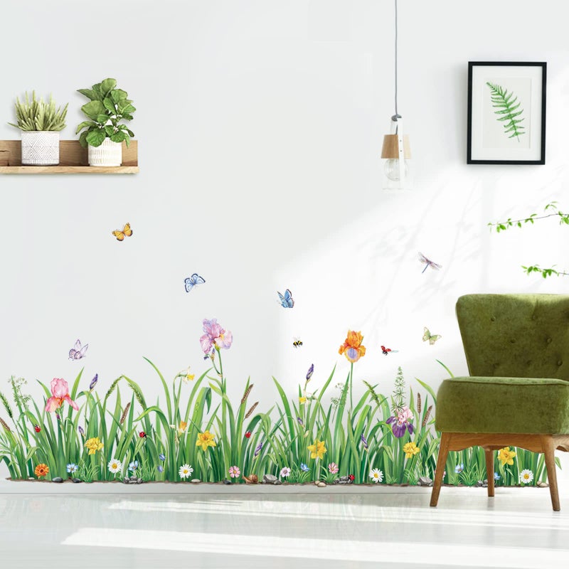 decalmile Green Grass Flower Wall Corner Decals Floral Butterfly Baseboard Skirting Line Wall Stickers Bedroom Living Room Wall Art Decor Width162CM - Image 2