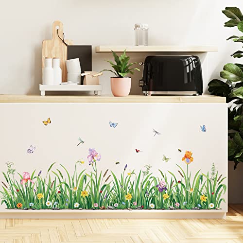 decalmile Green Grass Flower Wall Corner Decals Floral Butterfly Baseboard Skirting Line Wall Stickers Bedroom Living Room Wall Art Decor Width162CM - Image 3