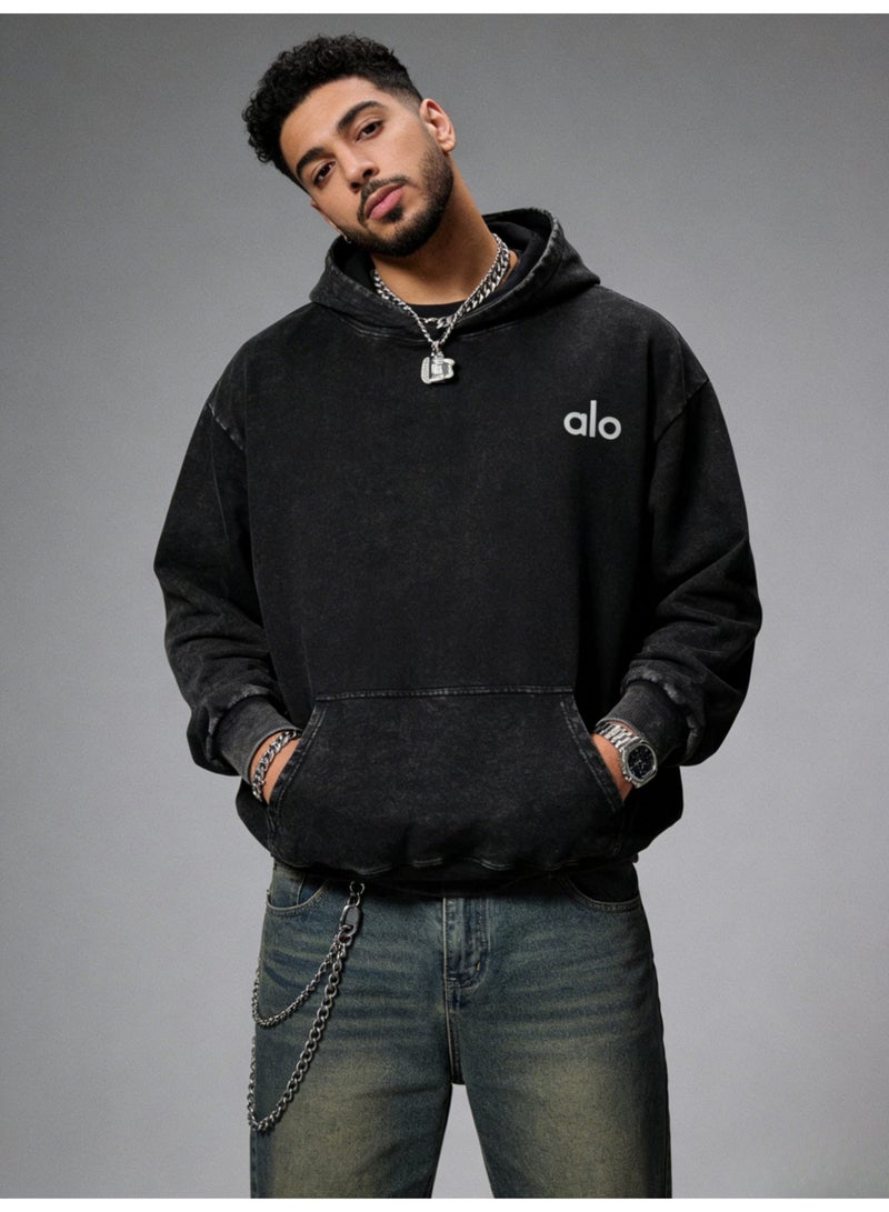 Alo Yoga Men's and Women's Cotton Washed Black Super Large Hoodie - Retro Fading Cotton Hoodie with Minimalist Logo and Kangaroo Pocket, Suitable for Both Men and Women, 400g Heavy Material Thickened for Warmth - Image 5