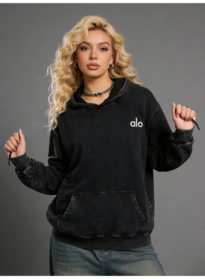 Alo Yoga Men's and Women's Cotton Washed Black Super Large Hoodie - Retro Fading Cotton Hoodie with Minimalist Logo and Kangaroo Pocket, Suitable for Both Men and Women, 400g Heavy Material Thickened for Warmth - Image 2