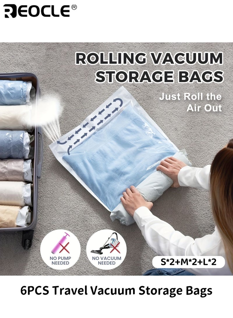 REOCLE 6pcs Hand-Rolled Travel Vacuum Storage Bags No Pump Needed Space-Saving Compression Organizer for Clothes Towels Socks Multiple Sizes - Image 1