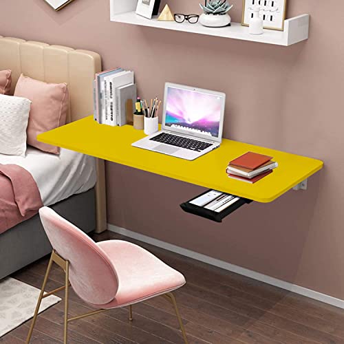 QARA (16x31.5 inches Wood Wall Mounted Round Corner Folding Study Table| Wall Mount Table with Drawer | Foldable Desk for Home and Office Computer- Yellow - Image 2