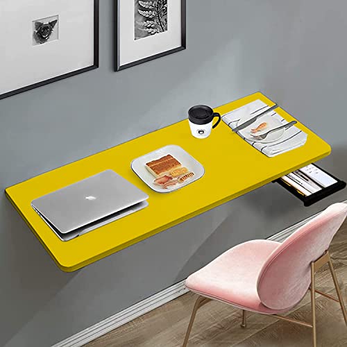 QARA (16x31.5 inches Wood Wall Mounted Round Corner Folding Study Table| Wall Mount Table with Drawer | Foldable Desk for Home and Office Computer- Yellow - Image 1