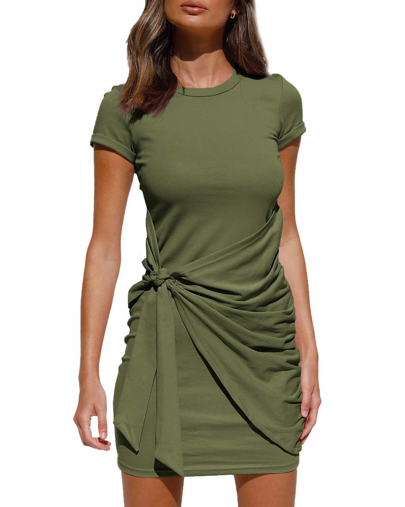 LILLUSORY Womens Casual Short Sleeve T Shirt Dress 2025 Summer Bodycon Wrap Ruched Mini Night Out Sundress Army Green M - Image 1