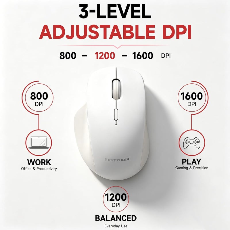 ماوس لاسلكي من (BT5.3 و2.4G) قابل للشحن 800/1200/1600 DPI صامت USB C وماوس بلوتوث 4 أزرار - كريمي أبيض - Image 5