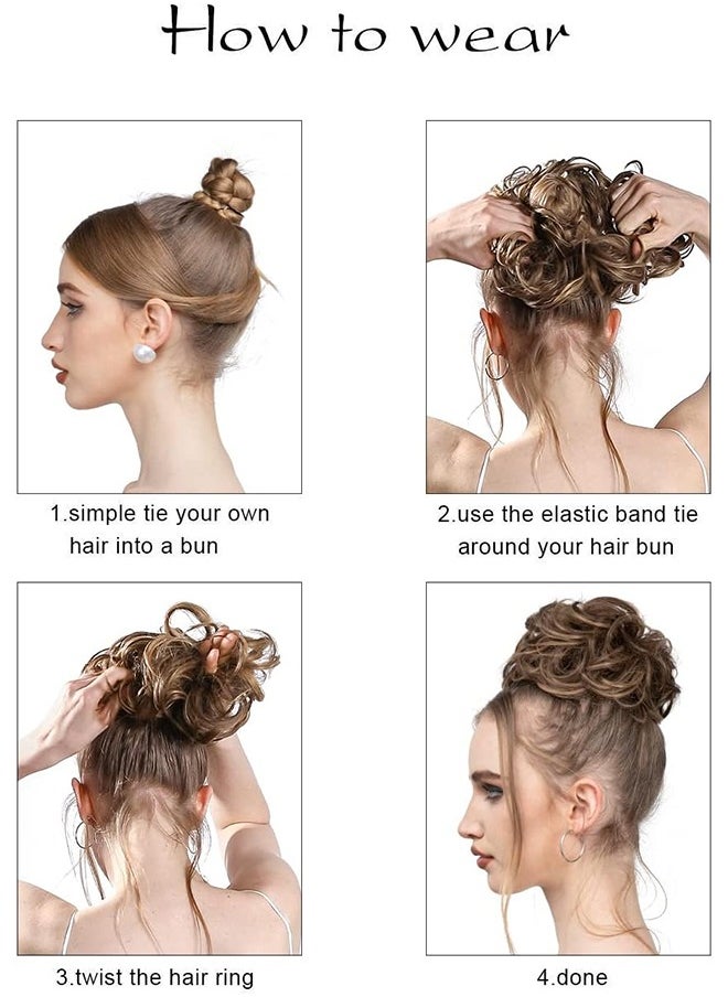 Curly Human Hair Bun Real Updo Hairpieces Stretchy Scrunchies Elegant Chignon with Elastic Rubber Band Hair Accessory for Women 1PC (Brown & Blonde)