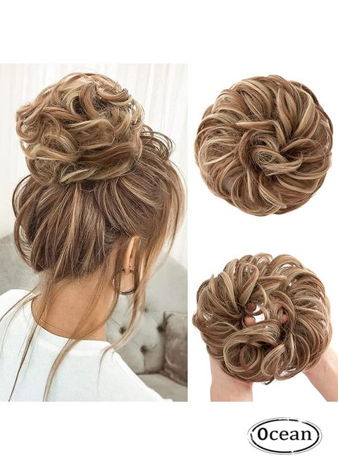 Curly Human Hair Bun Real Updo Hairpieces Stretchy Scrunchies Elegant Chignon with Elastic Rubber Band Hair Accessory for Women 1PC (Brown & Blonde)