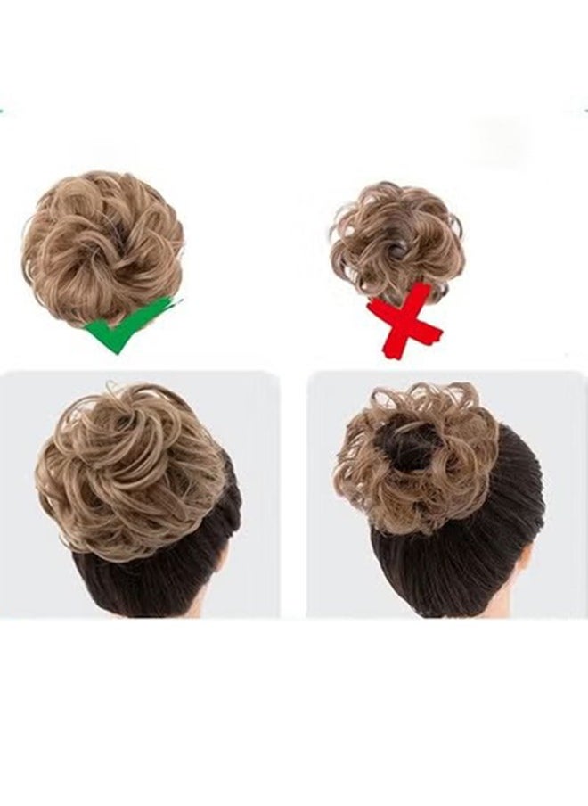 Curly Human Hair Bun Real Updo Hairpieces Stretchy Scrunchies Elegant Chignon with Elastic Rubber Band Hair Accessory for Women 1PC (Brown & Blonde)