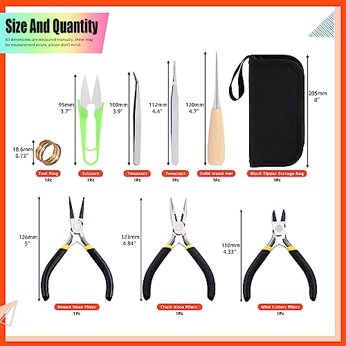 Tanstic 9Pcs Jewelry Making Tools Kit, Includes Chain Nose Pliers, Round Nose Pliers, Wire Cutter, Straight & Bent Tweezers, Jump Ring Opening Tool, Awl, Scissor with Storage Pouch for Jewelry Repair - Image 2