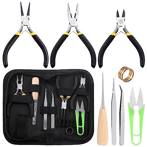 Tanstic 9Pcs Jewelry Making Tools Kit, Includes Chain Nose Pliers, Round Nose Pliers, Wire Cutter, Straight & Bent Tweezers, Jump Ring Opening Tool, Awl, Scissor with Storage Pouch for Jewelry Repair - Image 1