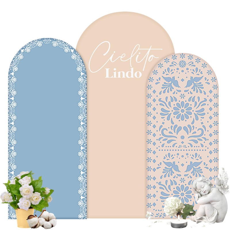 Chunful 3 Pcs Mexican Arch Backdrop Cover Baby Shower Photo Background Decor 2Sided Round Top Cute Backdrop Arch Cover for Mexican Wedding Birthday Fiesta Party Decoration 6 ft5 ft4 ft BrownBlue - Image 2