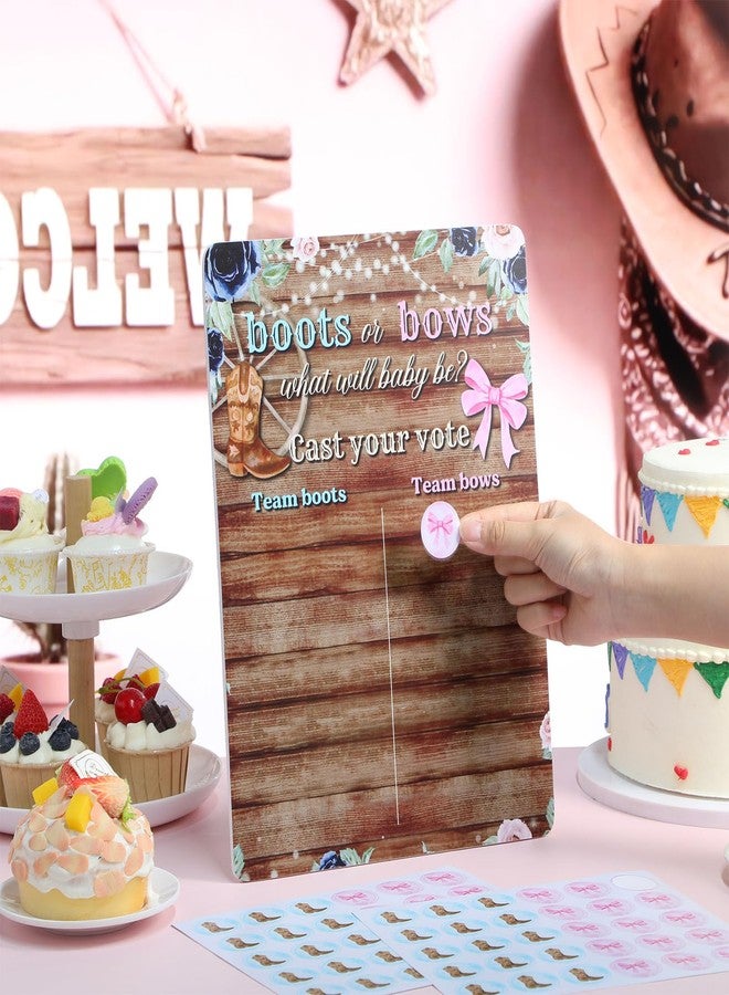 Poen لعبة كشف جنس المولود "أحذية أو فيونكات" مع حامل، 60 ملصقًا لفيونكة وردية وحذاء بني، لوازم حفلات استقبال المولود، زينة لعبة تخمين جنس المولود (ولد أم بنت) لحفلة كشف جنس المولود - Image 4