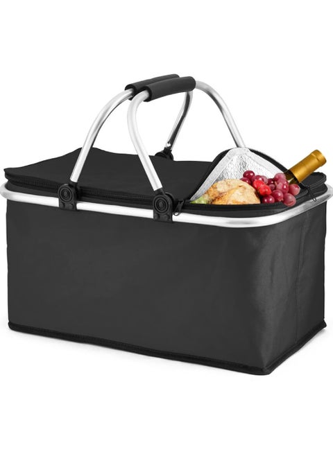 Insulated Large Picnic Basket 35L- Strong Aluminum Frame Waterproof Lining Design for Easy Storage - Take it Camping, Picnicking, Lake Trips or Family Vacations - Keeps Food Cold