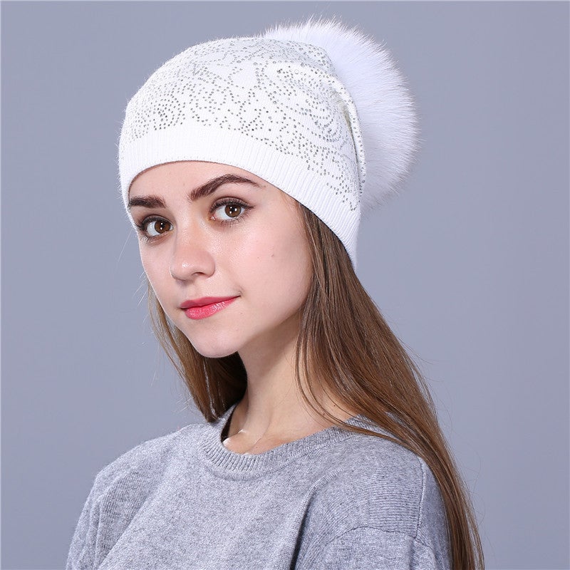 Beanie Women Autumn Winter New Pom Pom  Blend Warm Fashion Knitted Hat - Image 2