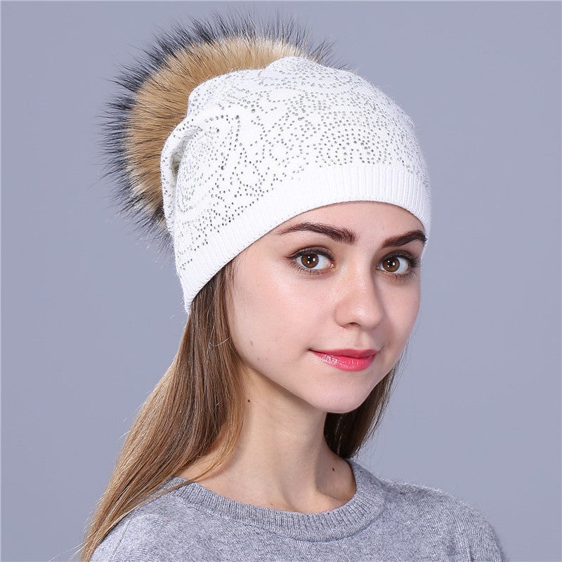 Beanie Women Autumn Winter New Pom Pom  Blend Warm Fashion Knitted Hat - Image 3