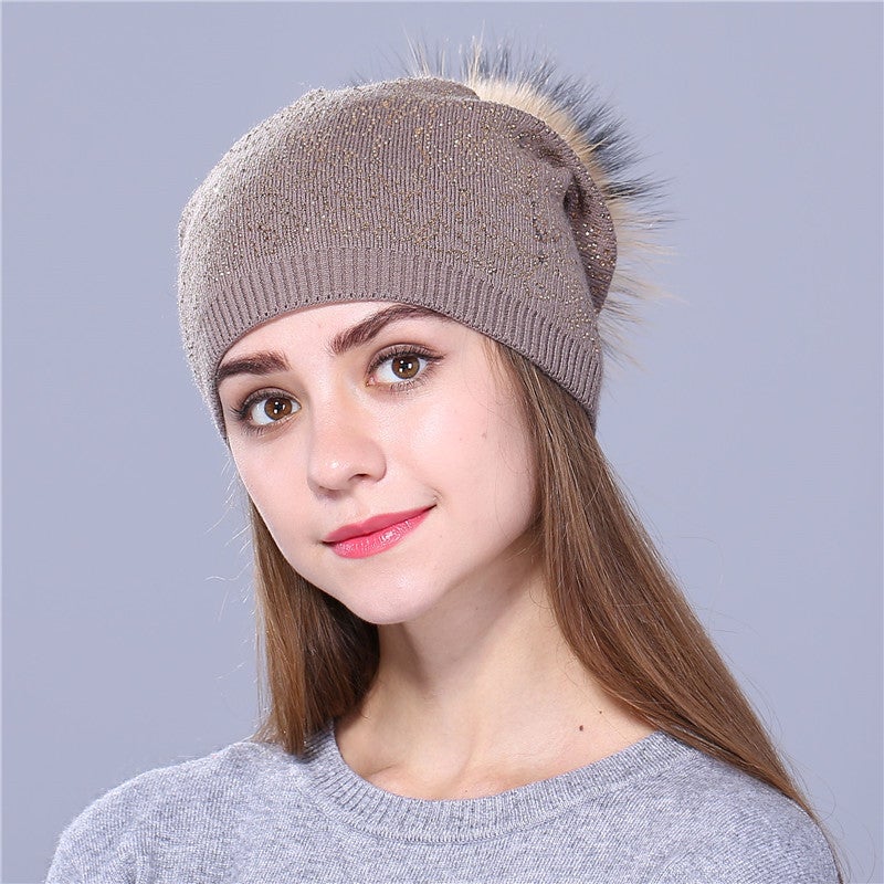 Beanie Women Autumn Winter New Pom Pom  Blend Warm Fashion Knitted Hat - Image 1