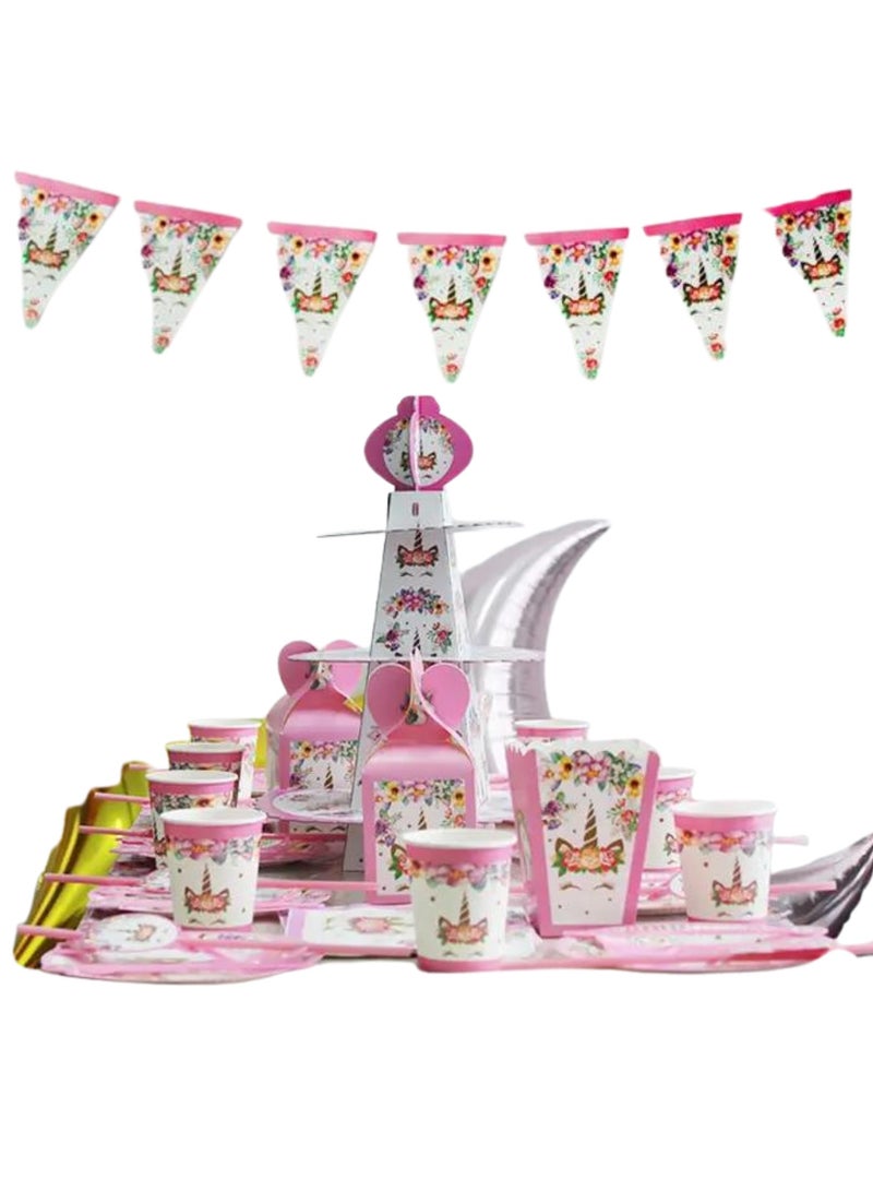 ريمي بيلا 180 قطعة لوازم حفلات اعياد الميلاد بتصميم  يونيكورن ، مجموعة ادوات مائدة الكل في واحد تتضمن اطباق واكواب ومناديل ولافتة وما الى ذلك، لوازم حفلات بطابع يونيكورن للبنات - Image 1