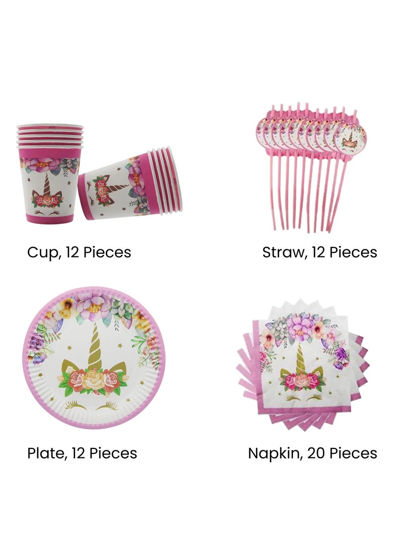 ريمي بيلا 180 قطعة لوازم حفلات اعياد الميلاد بتصميم  يونيكورن ، مجموعة ادوات مائدة الكل في واحد تتضمن اطباق واكواب ومناديل ولافتة وما الى ذلك، لوازم حفلات بطابع يونيكورن للبنات - Image 2