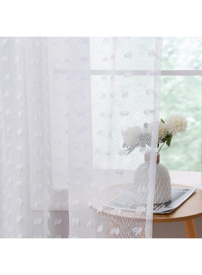 Guken White Sheer Curtains 84 Inch Length 2 Panels Farmhouse Curtains White Boho Curtains White Pom Pom Curtains Bedroom Tufted Curtains Semi Sheer Nursery Kids Girls Rod Pocket 38" Wx84 L - Image 4