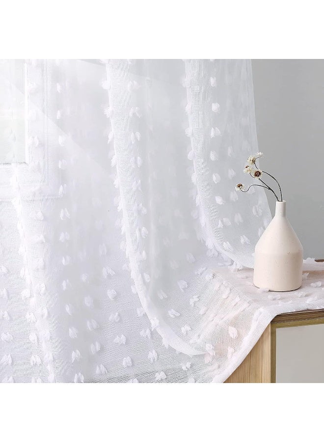 Guken White Sheer Curtains 84 Inch Length 2 Panels Farmhouse Curtains White Boho Curtains White Pom Pom Curtains Bedroom Tufted Curtains Semi Sheer Nursery Kids Girls Rod Pocket 38" Wx84 L - Image 1