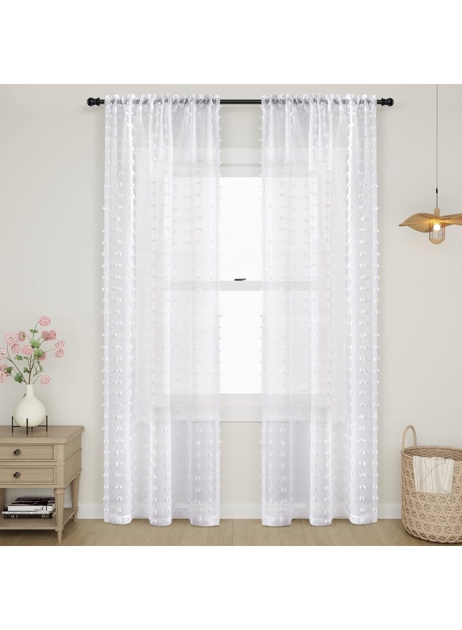 Guken White Sheer Curtains 84 Inch Length 2 Panels Farmhouse Curtains White Boho Curtains White Pom Pom Curtains Bedroom Tufted Curtains Semi Sheer Nursery Kids Girls Rod Pocket 38" Wx84 L - Image 2