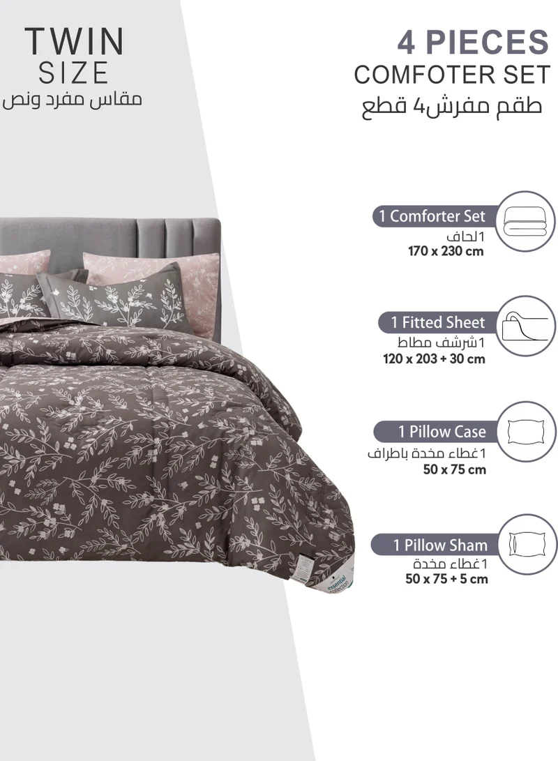 دوناتيلا طقم لحاف مطبوع 4 قطع مقاس مفرد مزين طوال الموسم طقم لحاف سرير مفرد قابل للعكس يناسب (140 * 200 سم) مع ملف بديل ناعم للغاية ، رمادي