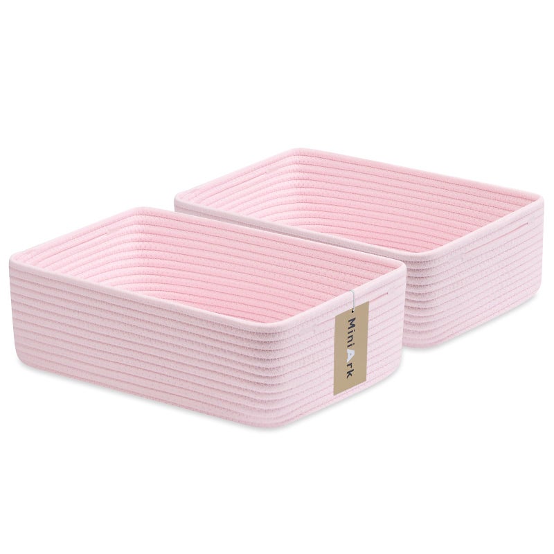 MiniArk Large Shallow Organizing Baskets 15x11x5.1 Inches - Rope Woven Storage Bins for Bathroom, Shelves, Cube Closet, Light Pink 2 Packs - Image 1